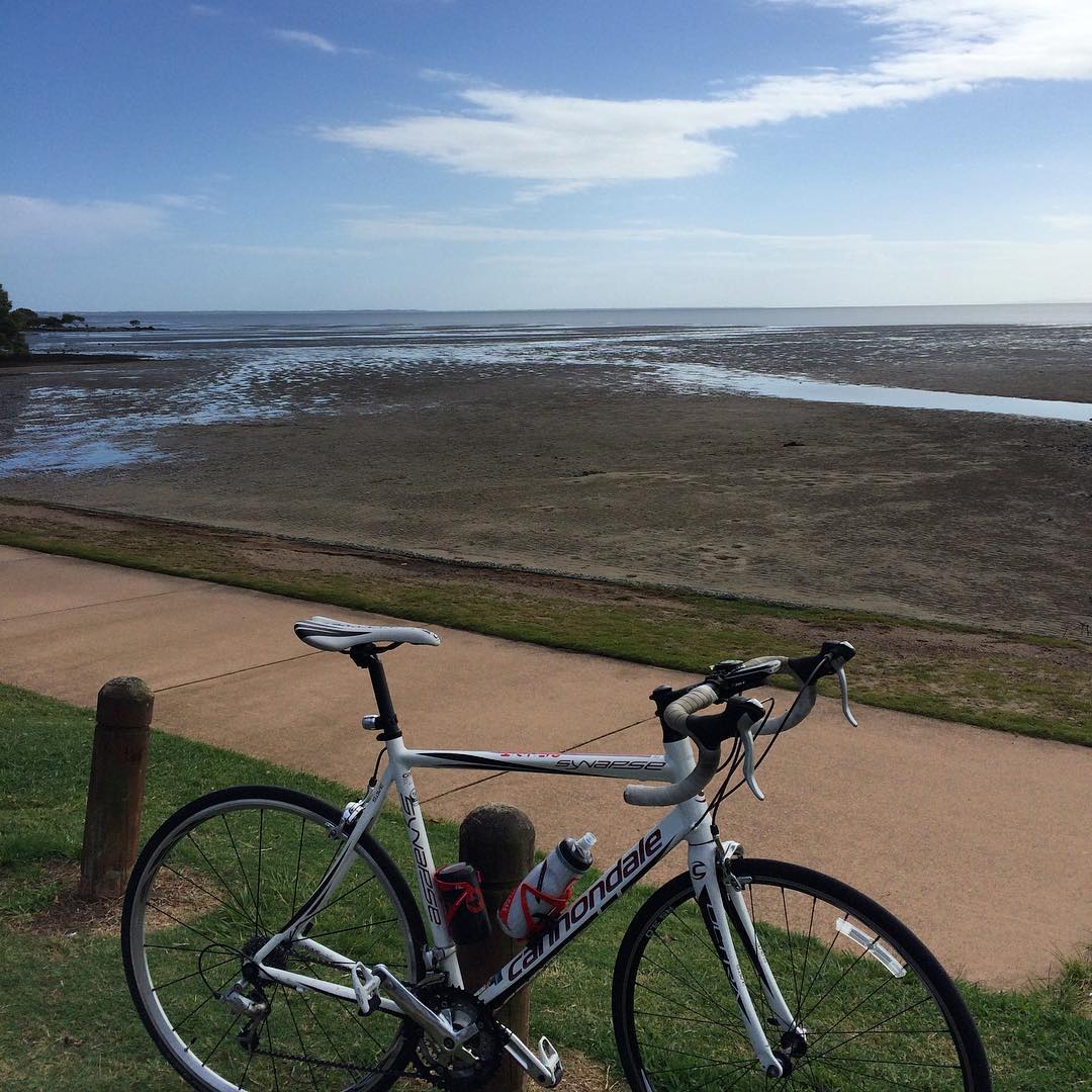 White road bike parked by a paved path beside a wide muddy shoreline under a blue sky with scattered clouds.