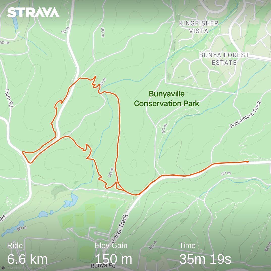 Strava map of a 6.6 km ride in Bunyaville Conservation Park with an orange route line, 150 m elevation gain, and time of 35m 19s.
