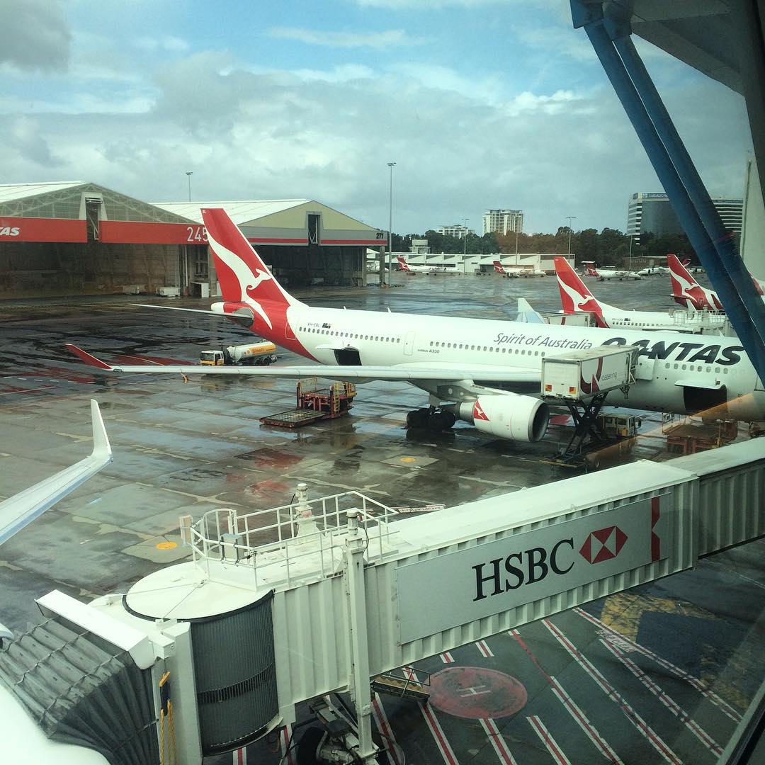 Qantas planes parked at airport gates on a wet tarmac, with a jet bridge in the foreground under a cloudy sky.