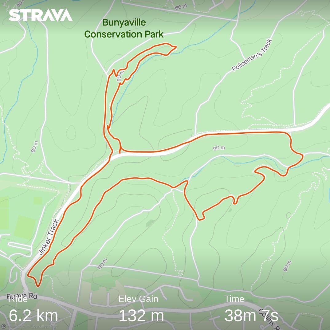 Strava map of a 6.2 km ride route in Bunyaville Conservation Park with 132 m elevation gain and a time of 38m 7s.