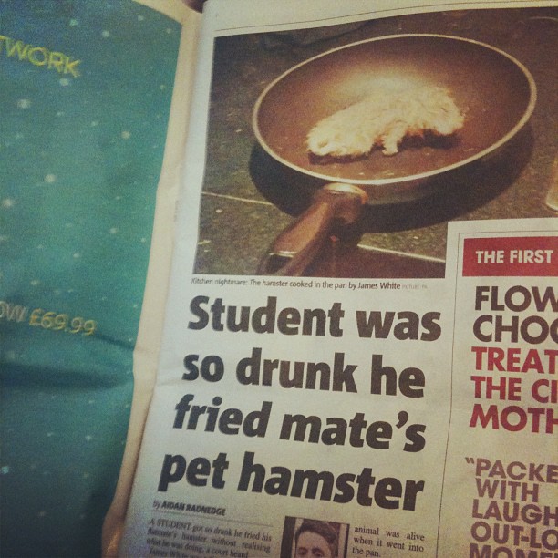 Newspaper page with a frying pan photo and headline reading, "Student was so drunk he fried mate’s pet hamster