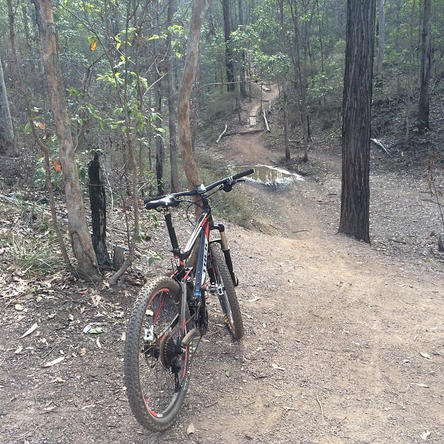 Mountain bike parked beside a dirt trail in a wooded forest, with a small muddy puddle farther along the path.