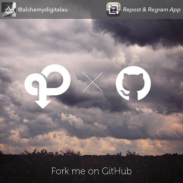 Dark cloudy sky with two white logos separated by an X and the text “Fork me on GitHub,” plus app overlay text at the top.