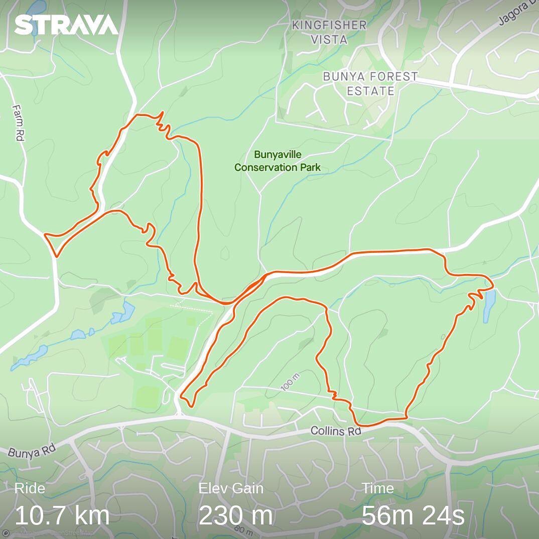 Strava map showing a 10.7 km ride route looping through Bunyaville Conservation Park, with 230 m elevation gain and 56m 24s time.