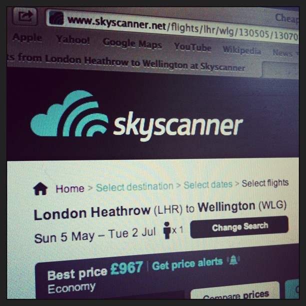 Skyscanner webpage showing flights from London Heathrow to Wellington, with dates, one passenger, and a best price of £967.