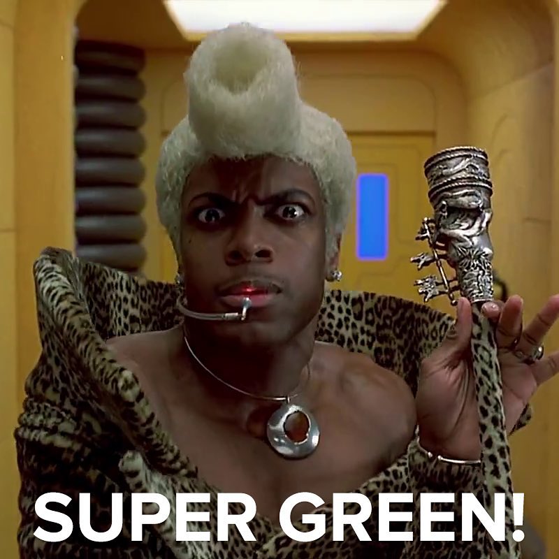 Person with a high blond hairstyle, leopard-print outfit, and silver accessories holds a small figure, with “SUPER GREEN!” text below.