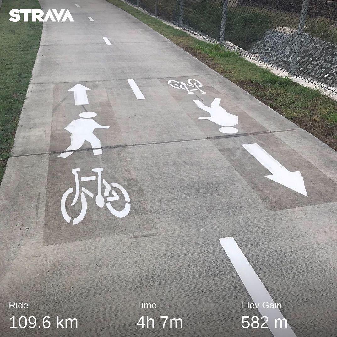 Concrete shared path with painted walking and bicycle symbols, directional arrows, a fence on one side, and Strava ride stats overlaid at the bottom.