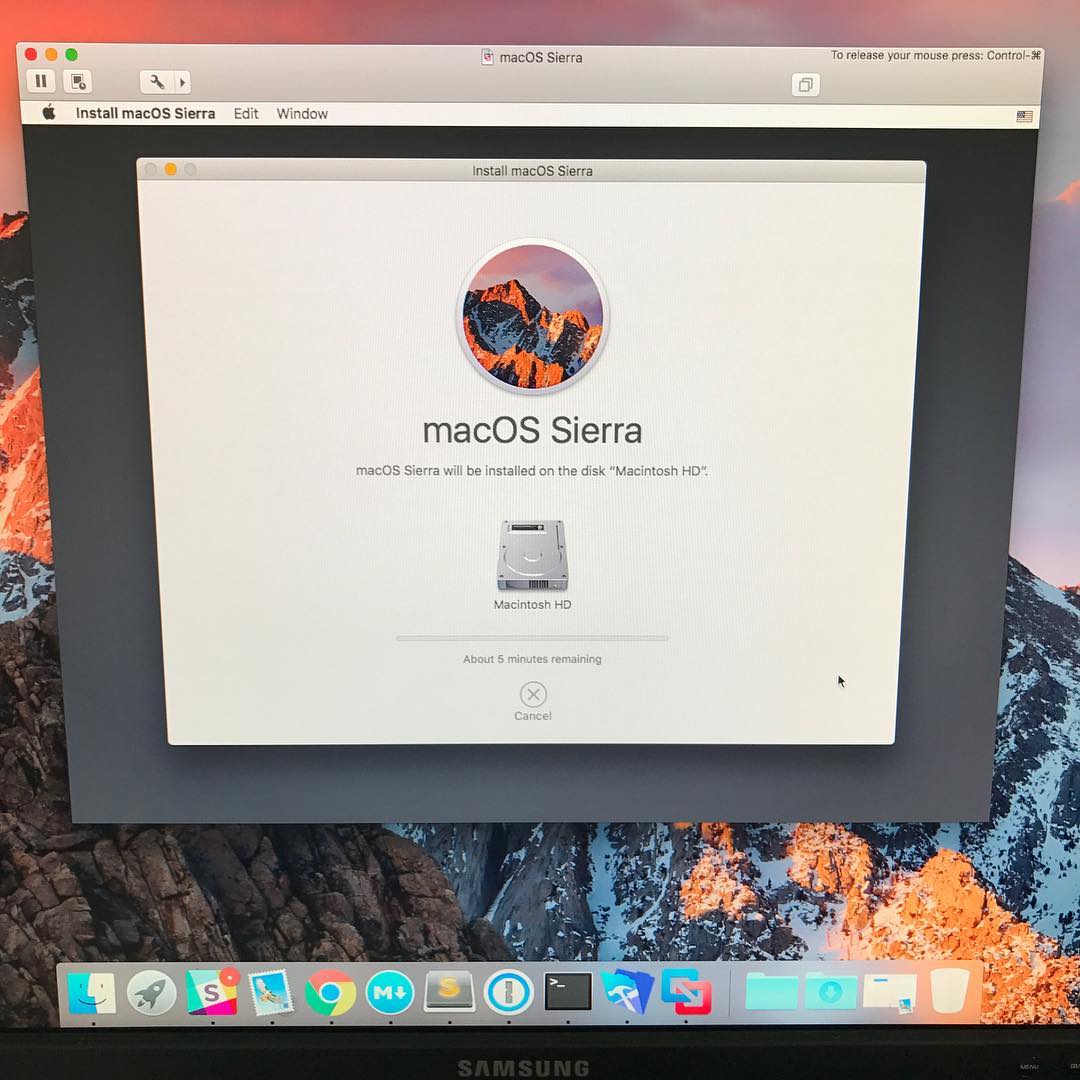 macOS Sierra installation window showing Macintosh HD selected, progress bar, and about 5 minutes remaining.