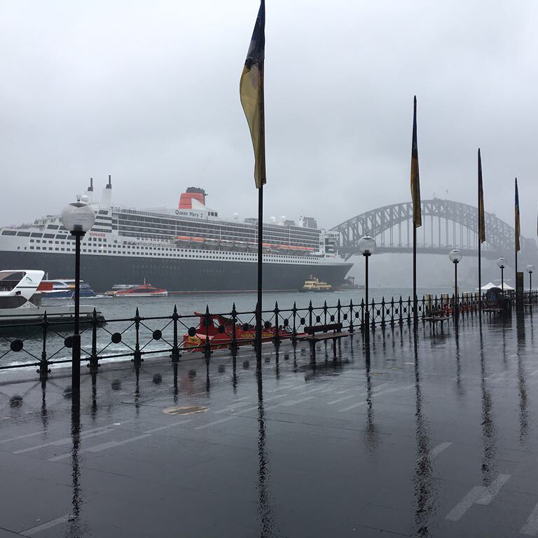 Large cruise ship on a rainy harbor with wet pavement, flags, and a bridge partly obscured by fog in the background.