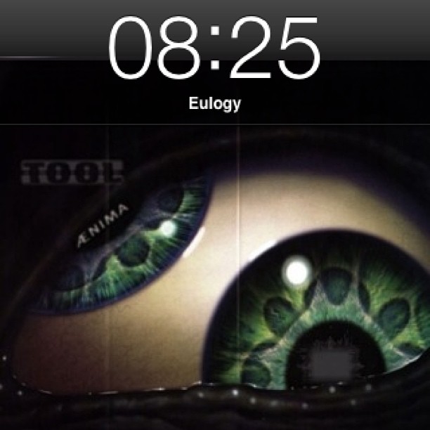 Lock screen showing 08:25 and “Eulogy” over a dark close-up of two large green eyes, with “TOOL” faintly visible in the corner.