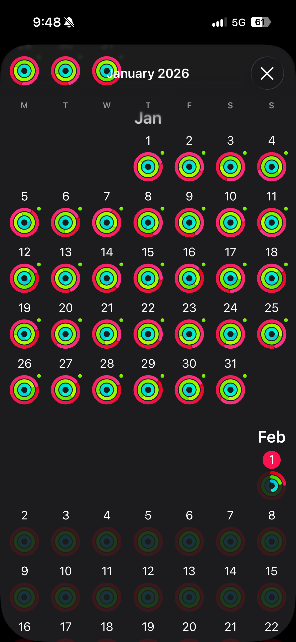 Apple Fitness calendar for January 2026 with colorful activity rings on most days and February dates beginning below.