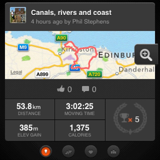 Activity app screen showing a route map near Edinburgh and stats: 53.8 km, 3:02:25 moving time, 385 m elevation gain, 1,375 calories.
