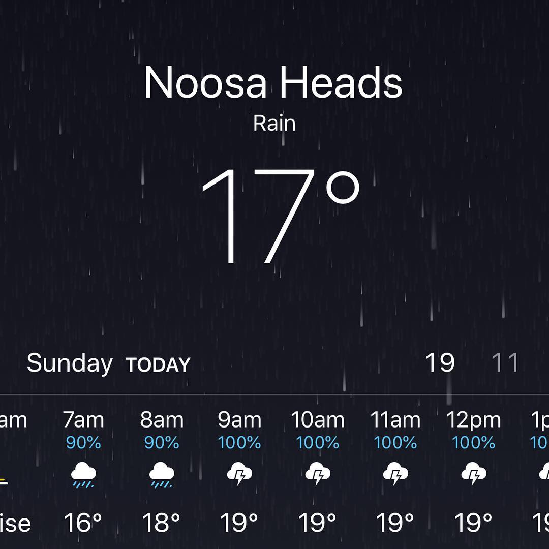Weather app screen for Noosa Heads showing rain, 17°, with hourly forecast of 90–100% rain and thunderstorms from 7am to 12pm.