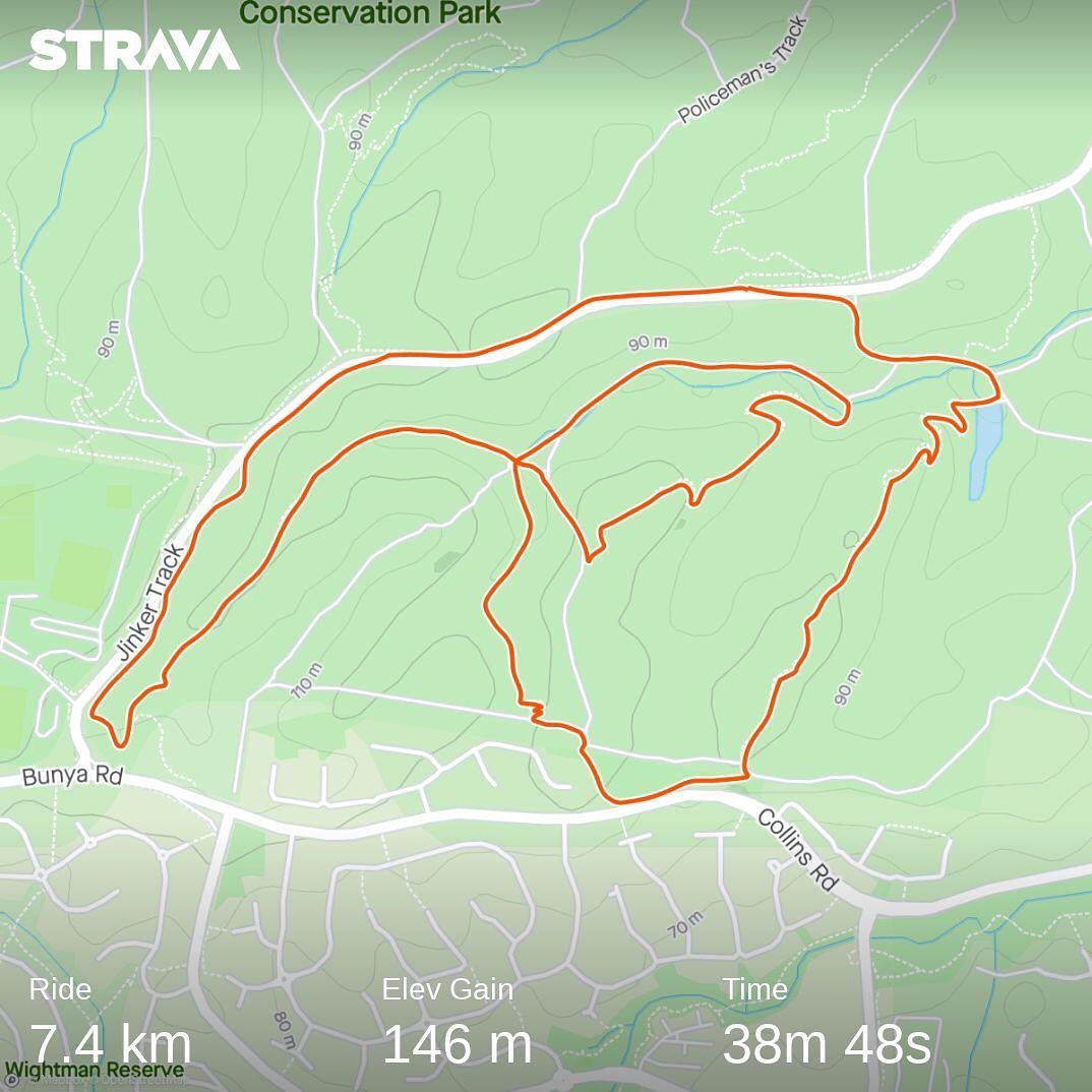 Strava map showing a 7.4 km loop ride in Conservation Park with 146 m elevation gain and a time of 38m 48s.