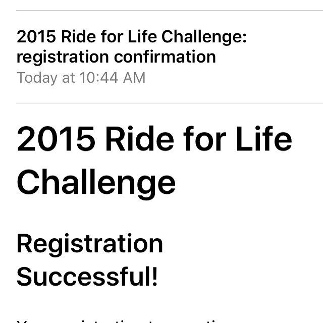 Screenshot of a registration confirmation message for the 2015 Ride for Life Challenge, showing “Registration Successful!”