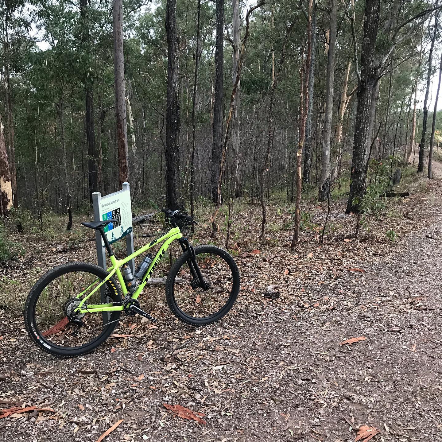 Bright green mountain bike leaning against a trail sign beside a dirt path in a wooded forest.