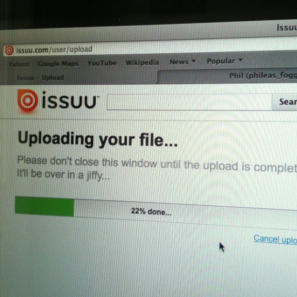 Issuu upload page showing “Uploading your file...” with a progress bar at 22% complete.