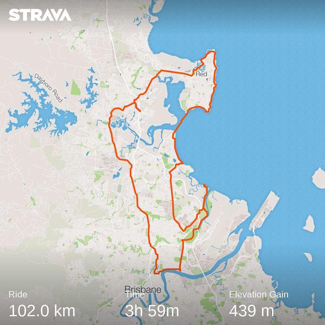 Strava map of a 102.0 km ride around Brisbane’s eastern coastline, with time 3h 59m and elevation gain 439 m.