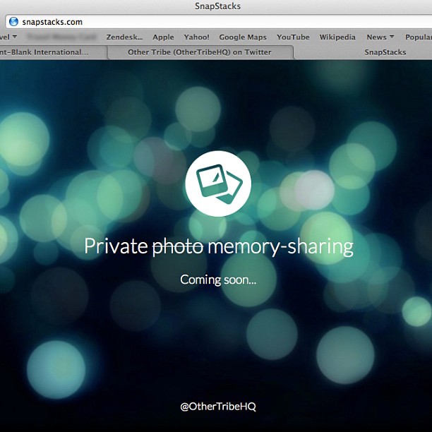 Browser window showing a blurred blue lights background with the text “Private photo memory-sharing” and “Coming soon...” and @OtherTribeHQ.