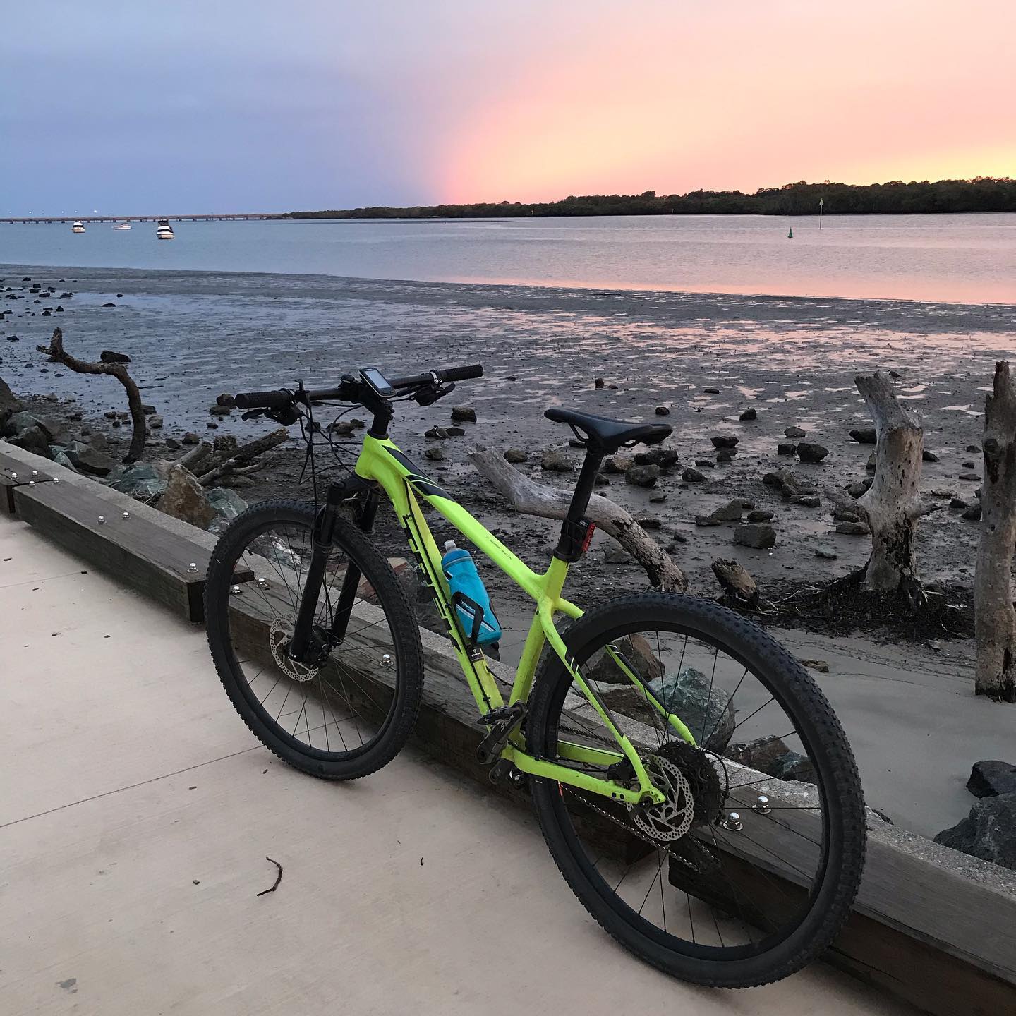 Bright green mountain bike beside a muddy shoreline at sunset, with driftwood, anchored boats, and a pink and blue sky over calm water.