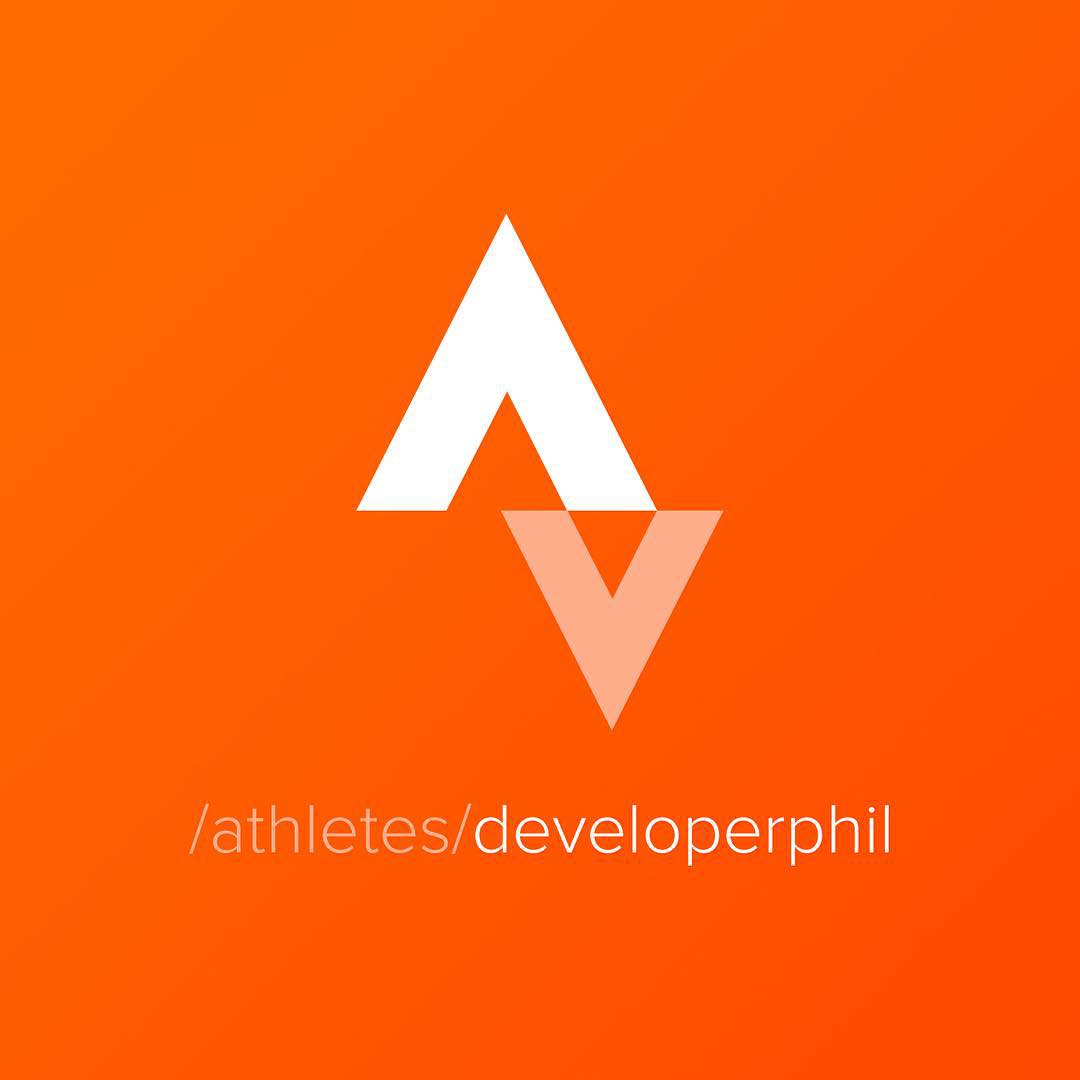 White and pale pink geometric logo on an orange background above the text “/athletes/developerphil”.