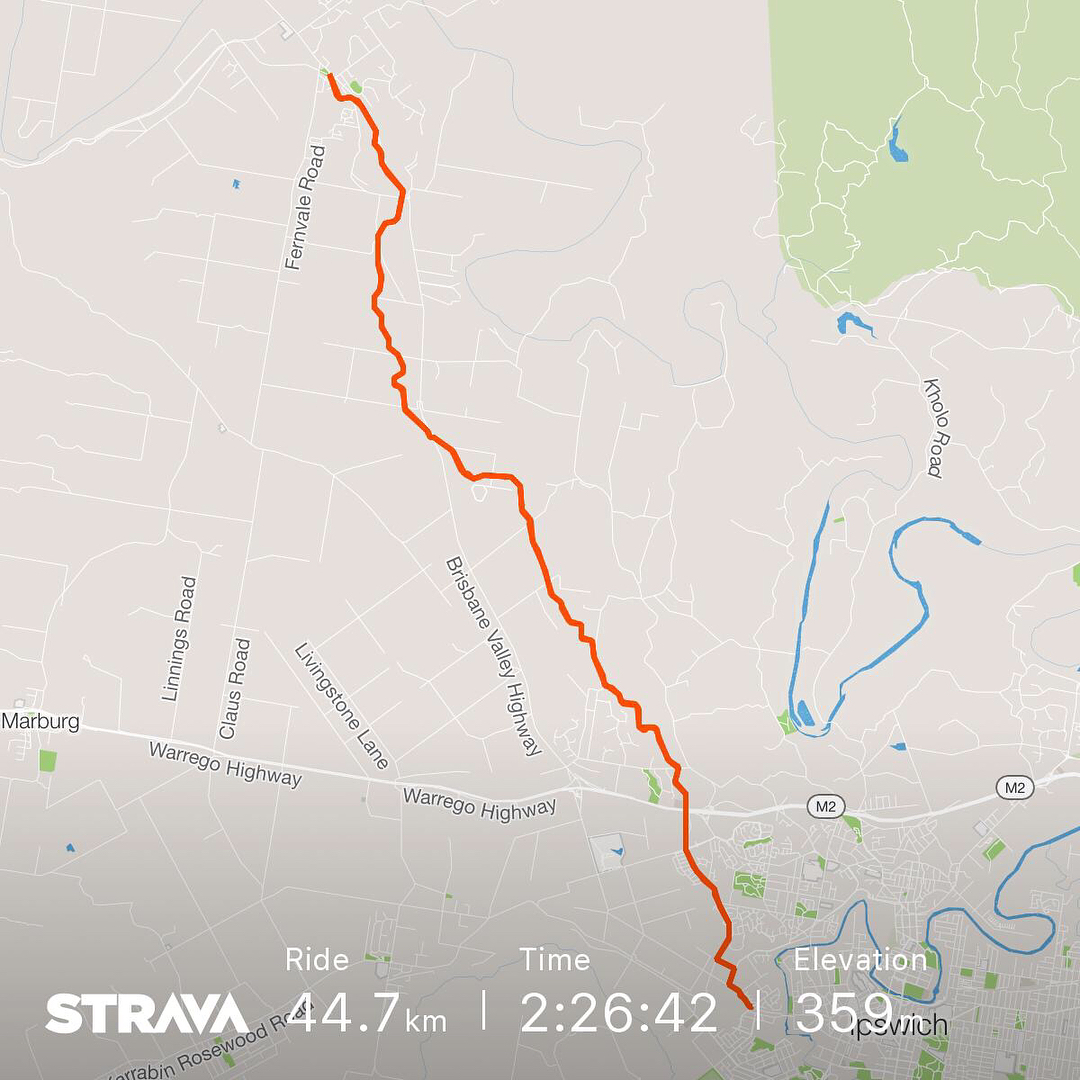 Strava map showing a 44.7 km ride route in orange, running north to south near Fernvale Road and Warrego Highway, with time 2:26:42.