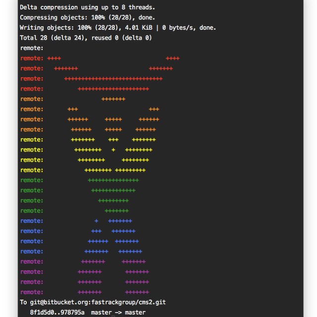 Terminal output showing Git push progress above a rainbow-colored ASCII heart made of plus signs.