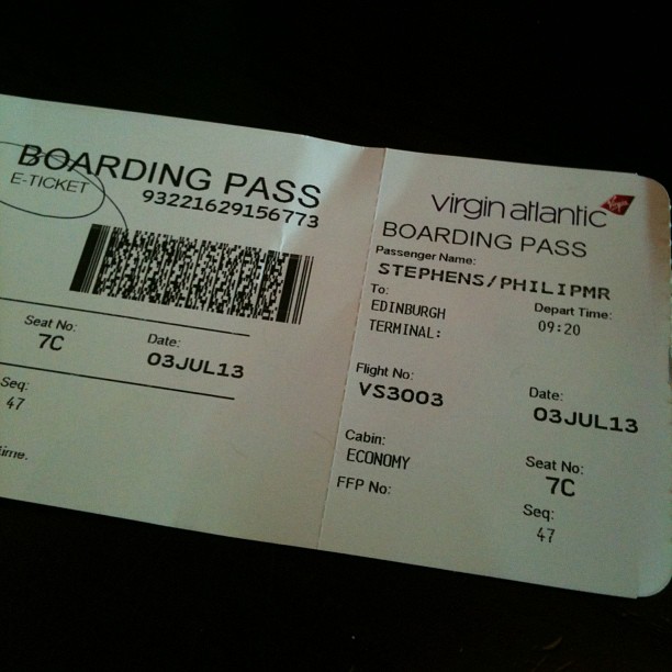 Virgin Atlantic boarding pass showing flight VS3003 to Edinburgh, seat 7C, departure time 09:20 on 03JUL13.