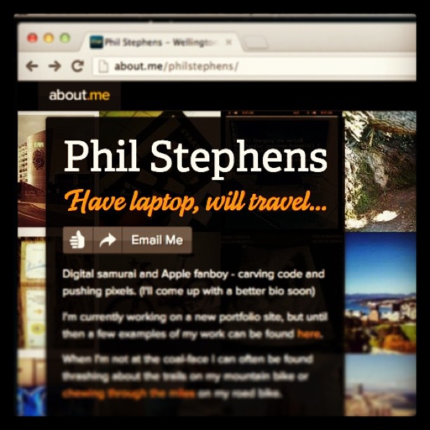 Browser window showing an about.me profile for Phil Stephens with the text “Have laptop, will travel...” and an Email Me button.
