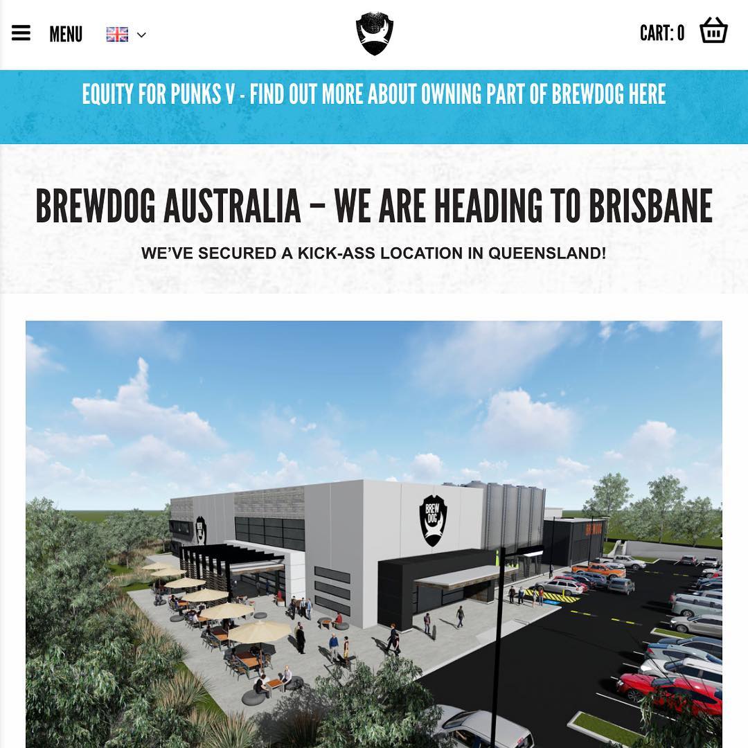 BrewDog Australia webpage announcing a Brisbane location, with a rendering of a large modern brewery building, outdoor seating, and parking lot.