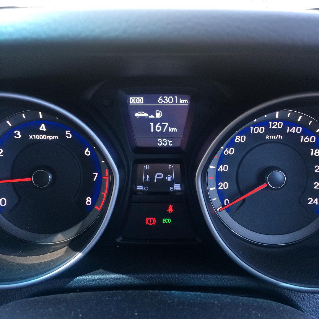 Car dashboard with tachometer and speedometer, showing 6301 km odometer, 167 km fuel range, 33°C, and gear in park.