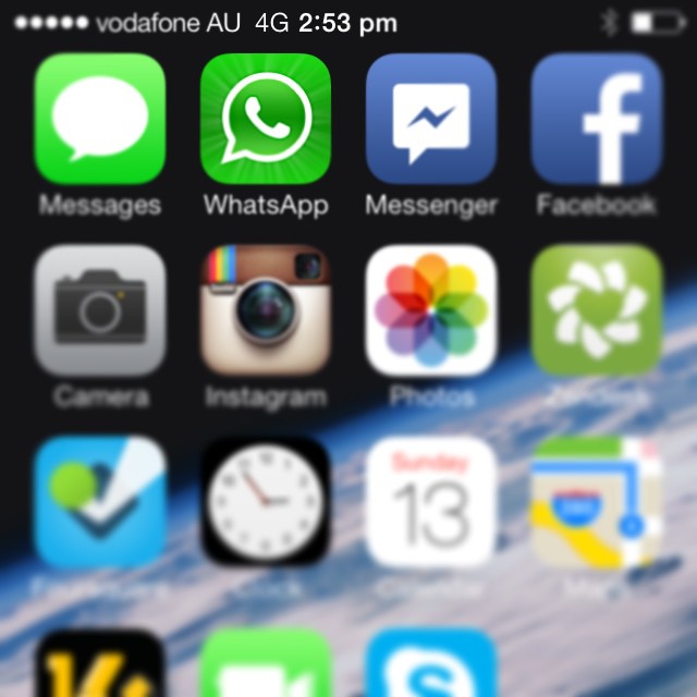 iPhone home screen showing apps including Messages, WhatsApp, Messenger, Facebook, Camera, Instagram, Photos, Clock, Calendar, and Maps.