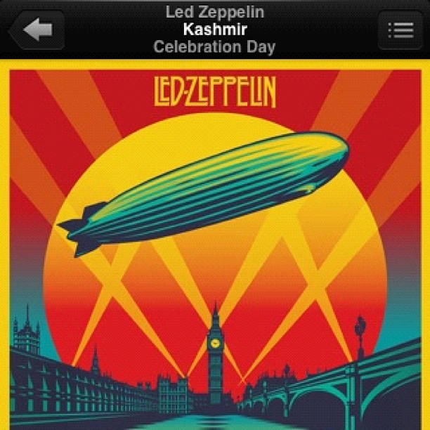 Music app screen showing Led Zeppelin's "Kashmir" and "Celebration Day" above colorful album art with a zeppelin over Big Ben and Westminster Bridge.