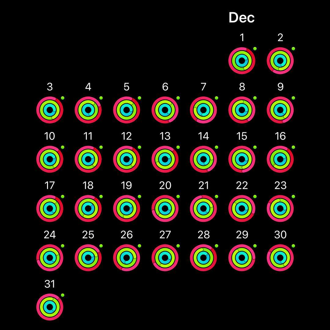 December calendar showing daily activity rings for dates 1 through 31 on a black background.