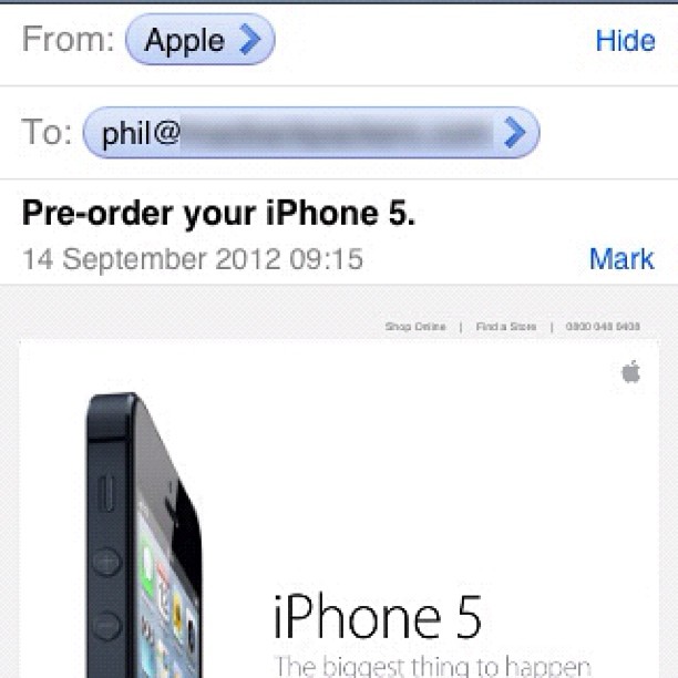 Screenshot of an email from Apple with the subject “Pre-order your iPhone 5” and a partial iPhone 5 promotional image below.