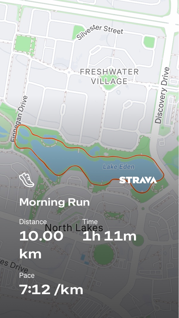 Strava map of a morning run around Lake Eden showing a 10.00 km route, time 1h 11m, and pace 7:12 per km.