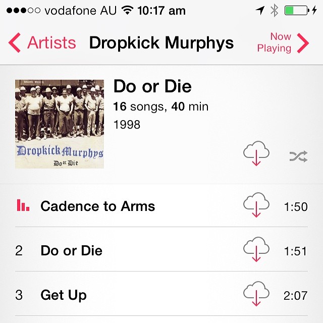 iPhone music app screen showing Dropkick Murphys album Do or Die with track list including Cadence to Arms, Do or Die, and Get Up.
