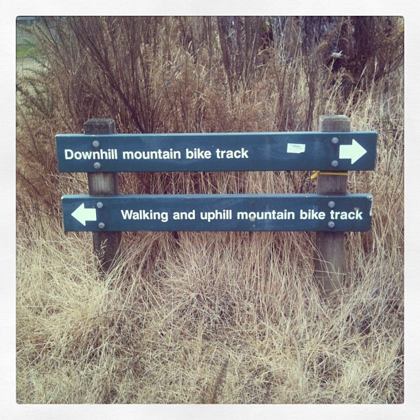 Wooden trail sign in dry grass points right for downhill mountain bike track and left for walking and uphill mountain bike track.