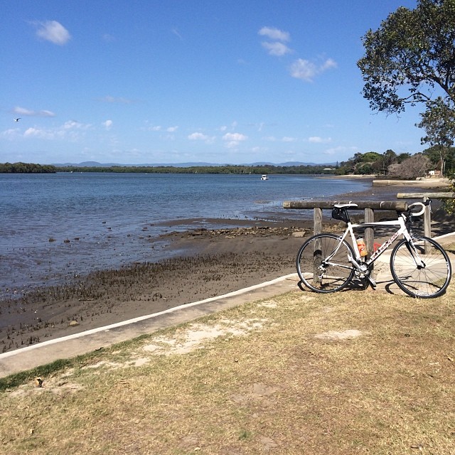 White road bike parked on dry grass beside a calm shoreline under a blue sky with scattered clouds.