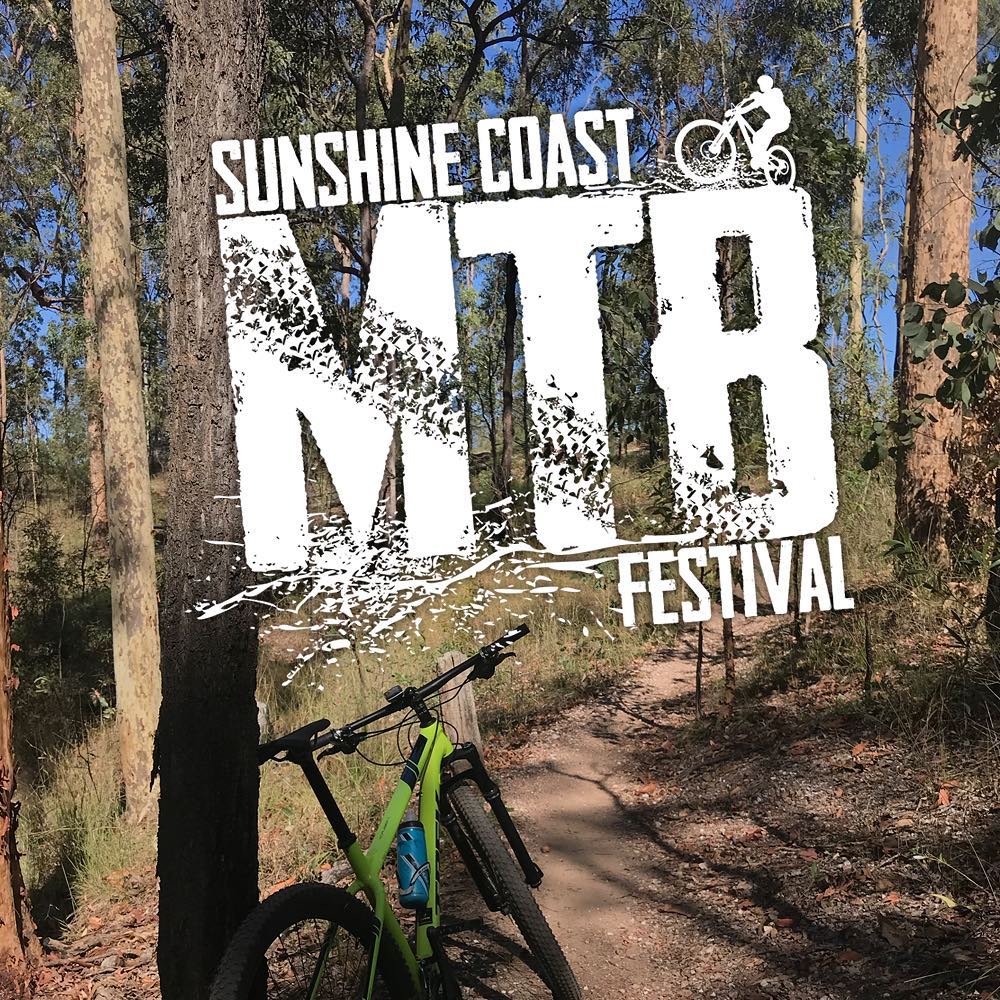 Green mountain bike on a narrow forest trail with large white text reading “Sunshine Coast MTB Festival” and a cyclist icon.