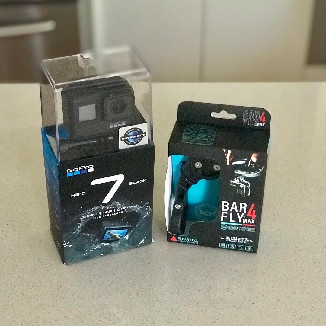 Boxed GoPro Hero 7 Black and Bar Fly 4 Max mount package on a light-colored countertop.
