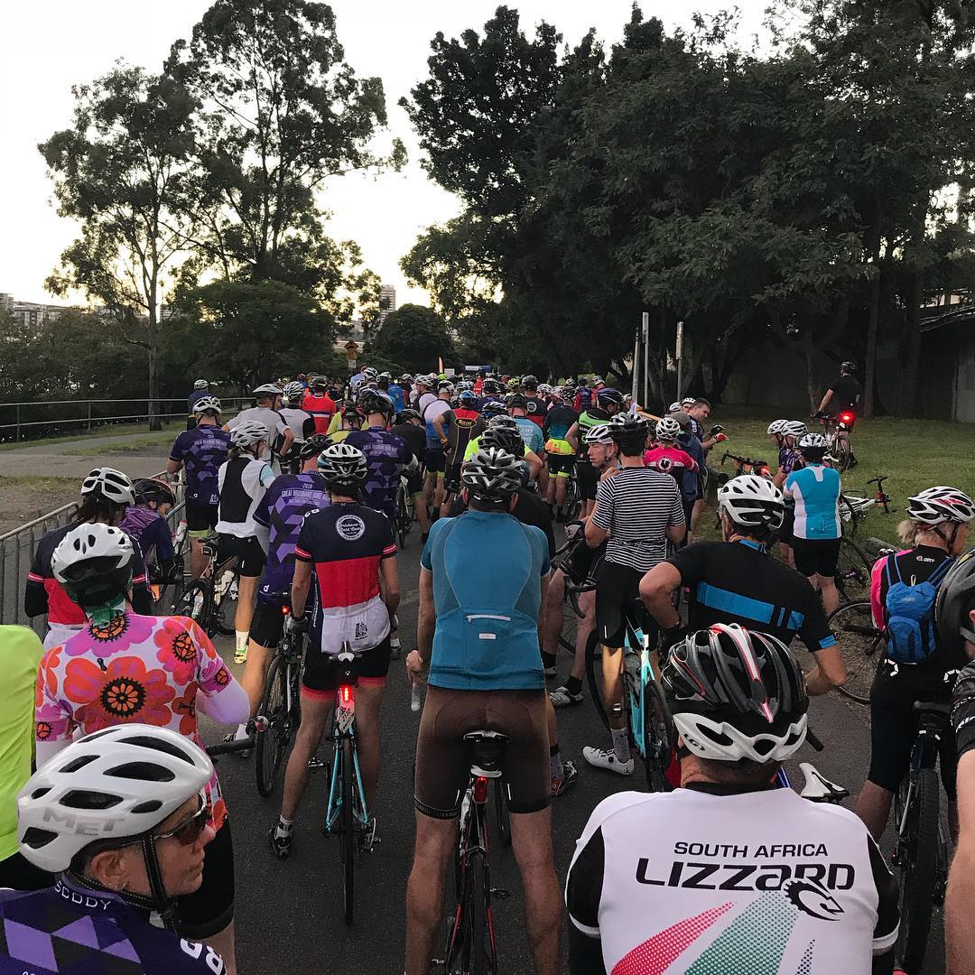 Large group of cyclists in helmets and colorful jerseys gathered on a paved path lined with tall trees.