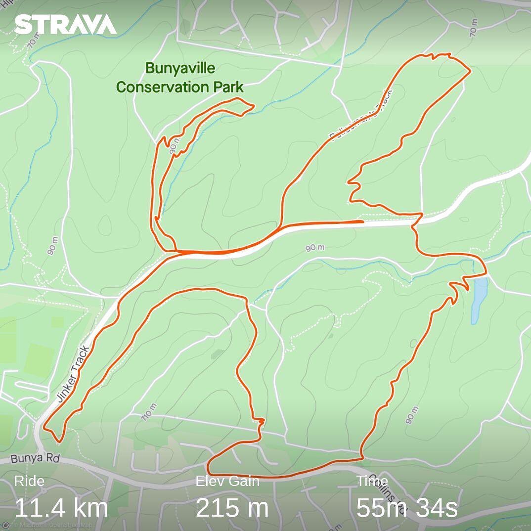 Strava map of a looping ride in Bunyaville Conservation Park, 11.4 km with 215 m elevation gain in 55m 34s.