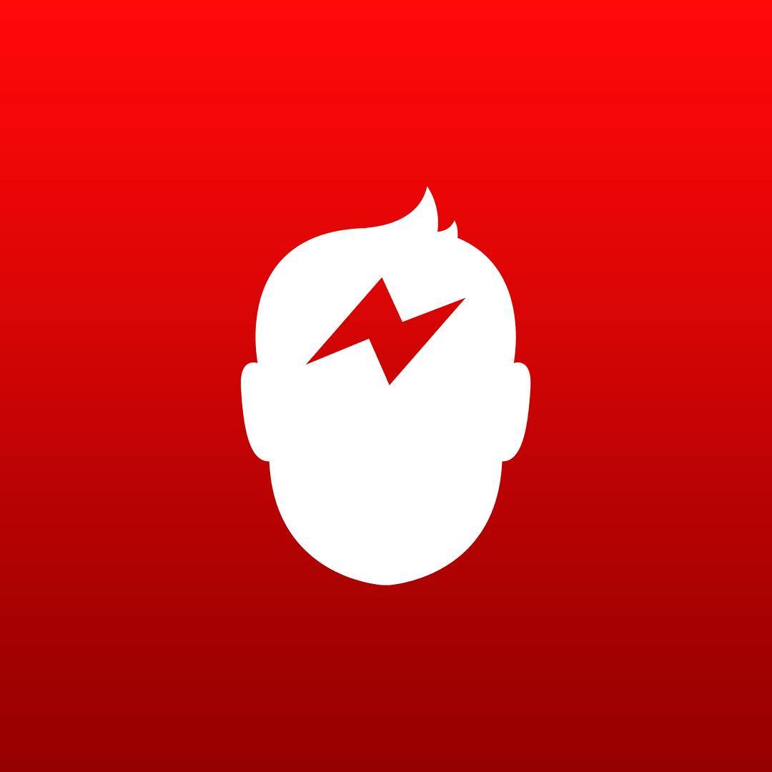 White head silhouette with a lightning bolt cutout on a red background.