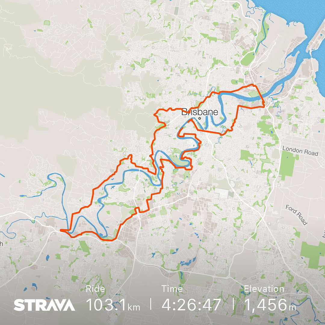 Map of Brisbane with an orange cycling route, showing 103.1 km distance, 4:26:47 ride time, and 1,456 m elevation.
