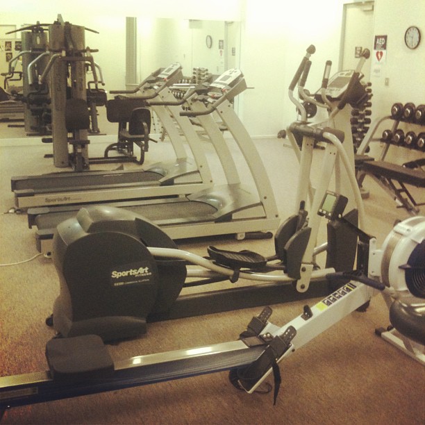 Gym room with rowing, elliptical, treadmill, and weight machines, mirrored wall, and dumbbell rack.