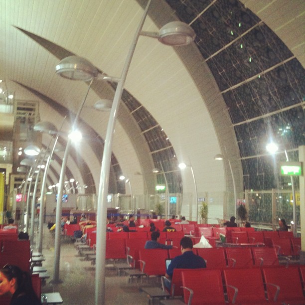 Spacious airport waiting area with red seats, tall curved windows, and rows of silver floor lamps at night.
