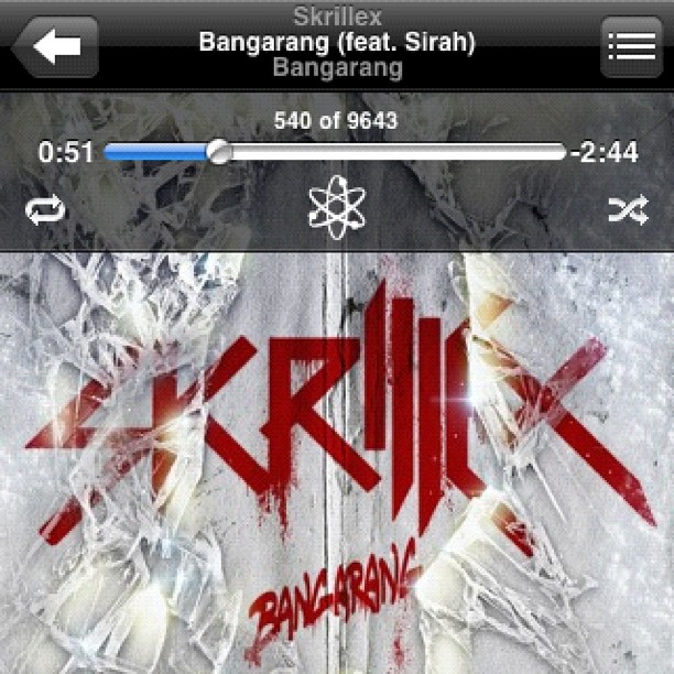 Music player screen showing Skrillex’s “Bangarang” with playback controls and the album art below.