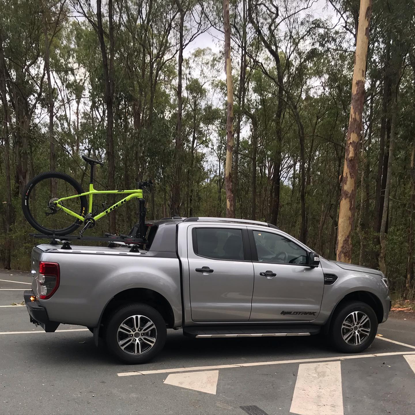 Silver pickup truck parked beside tall trees with a bright green bicycle mounted on a rack over the truck bed.