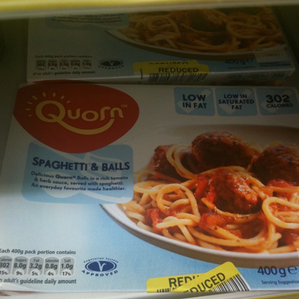 Quorn Spaghetti & Balls ready meal box with reduced-price stickers and a serving photo of spaghetti and meatballs.